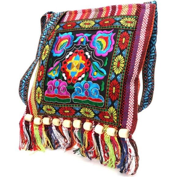 Vintage Ethnic Tribal Embroidered Tassel Sling Crossbody Boho Hippie ShoulderBag - Picture 3 of 6